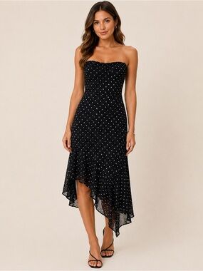 Opera Clothing Black Rhinestone Lace Asymmetrical Midi Dress
